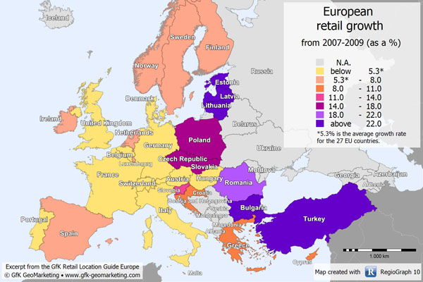 This month's map depicts retail turnover growth in the 27 EU countries from 
